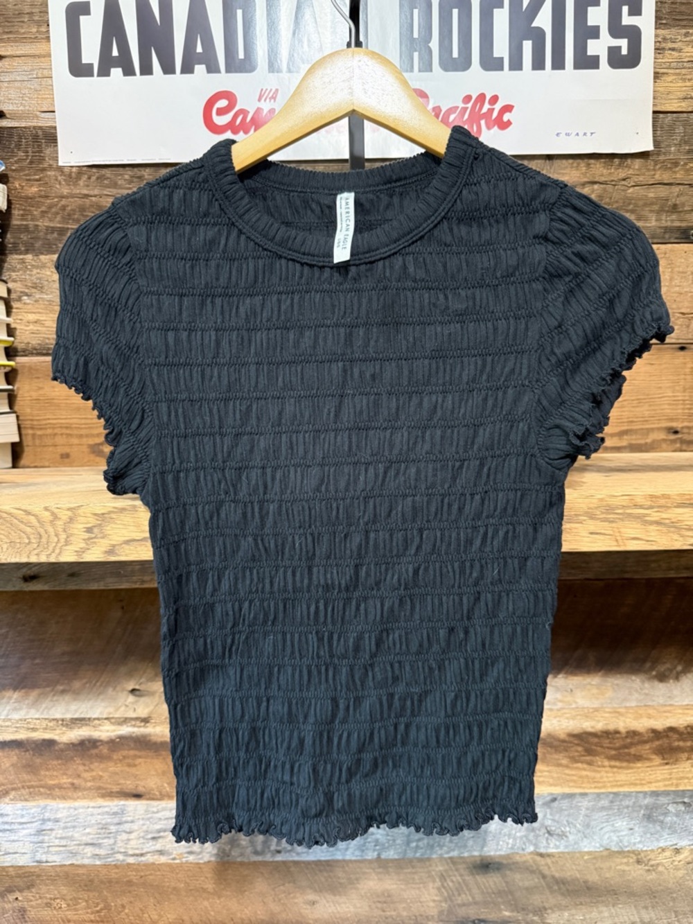 American Eagle Outfitters Black Smocked Short Sleeve Top